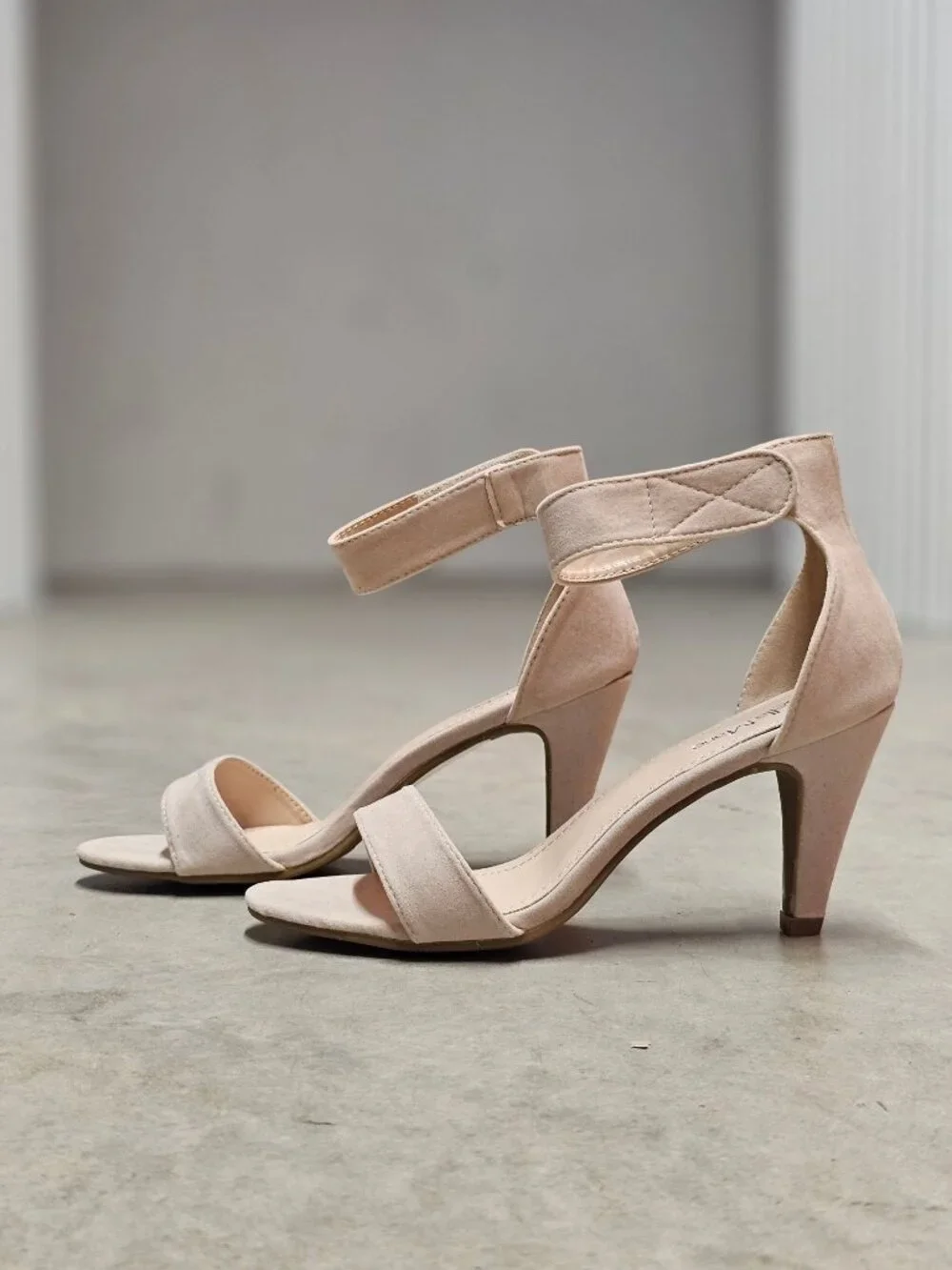 Taupe Suede Open-Toe Heels With Ankle Strap Bella Marie Brand